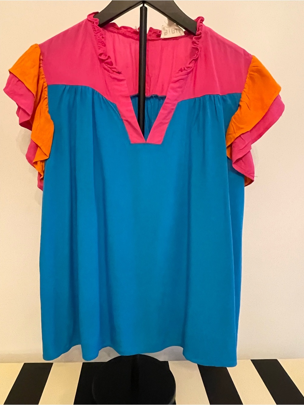 Bibi Bright Colorblock Flutter Sleeve Top - Hot Pink, Blue & Orange
